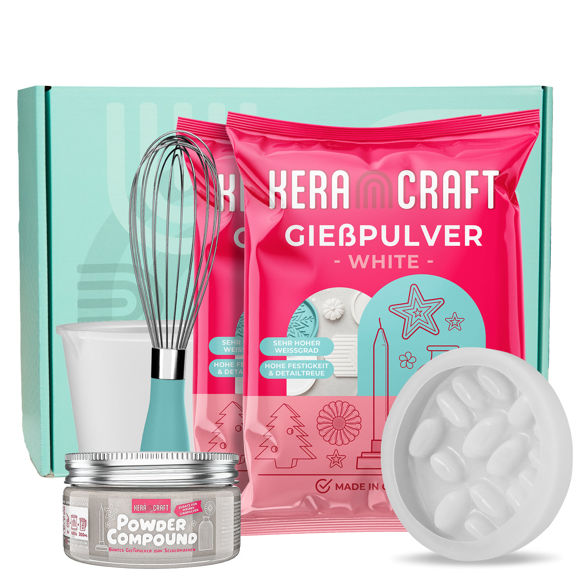 Keracraft Gietpoeder Wit 4,5 Kg – Extra Sterk Reliëfpoeder Met Siliconen Beker 1000ml En Garde, Perfect Voor Vazen, Schalen En Creatieve Projecten