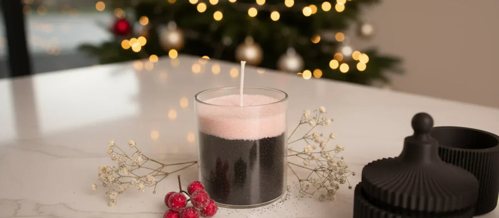 Kleine Weihnachtsgeschenke: Ein Glas mit Kerzensand in einem weihnachtlichen Ambiente