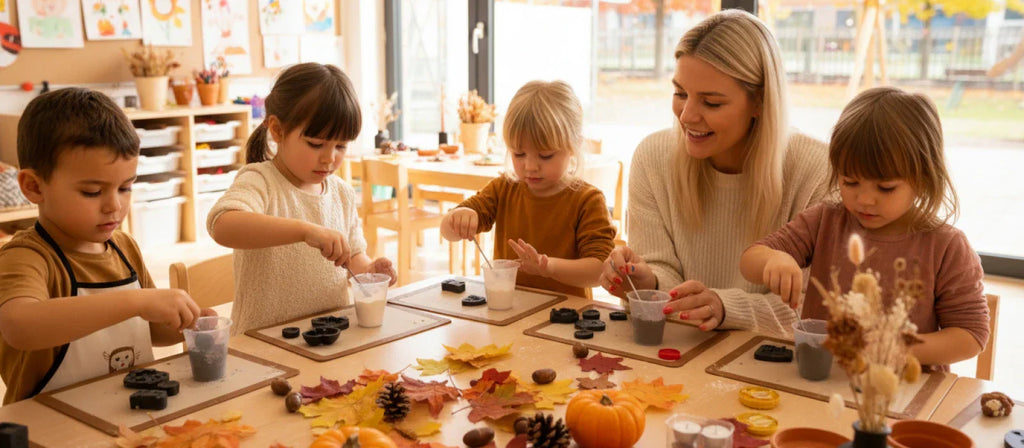 Kinder basteln im Kindergarten im Herbst 