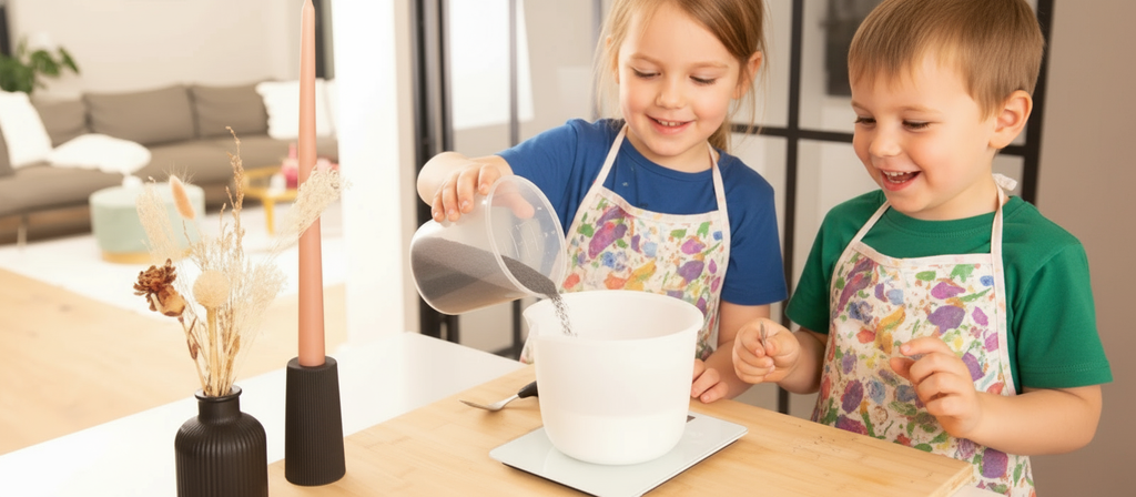 zwei Kinder gießen Gießpulver