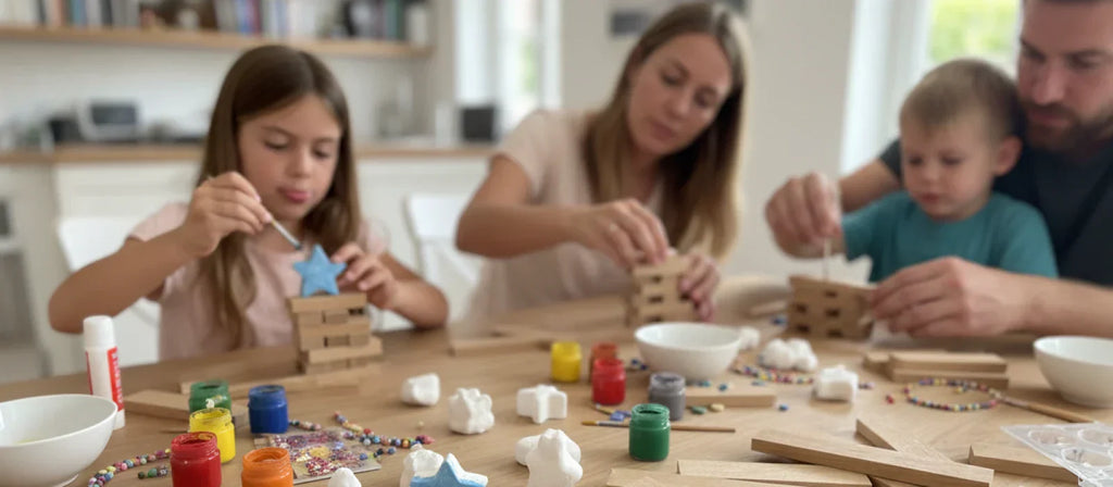 Familie bastelt mit Klötzchen